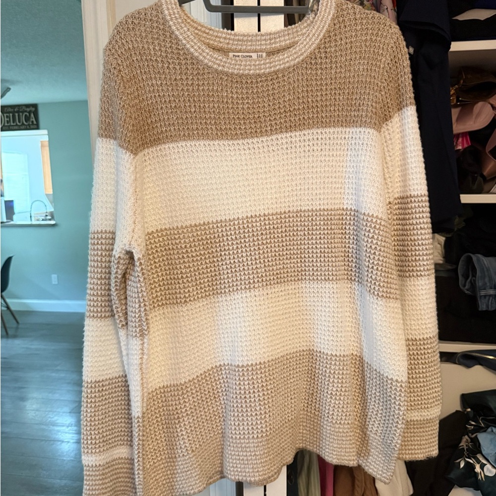 Pink Clover Striped Knit Sweater - Tan and Cream